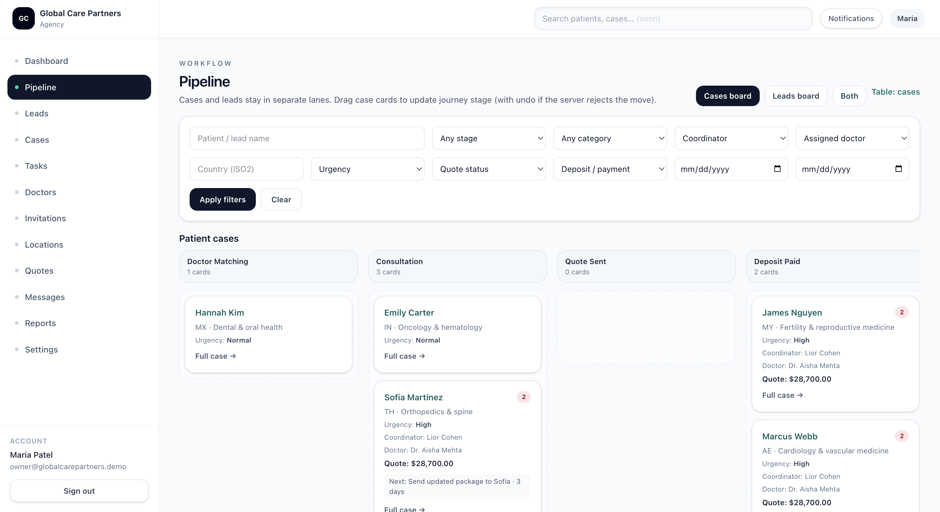 ClearDx operational pipeline showing patient cases across stages, owners, AI-ready briefs, and operational tasks.